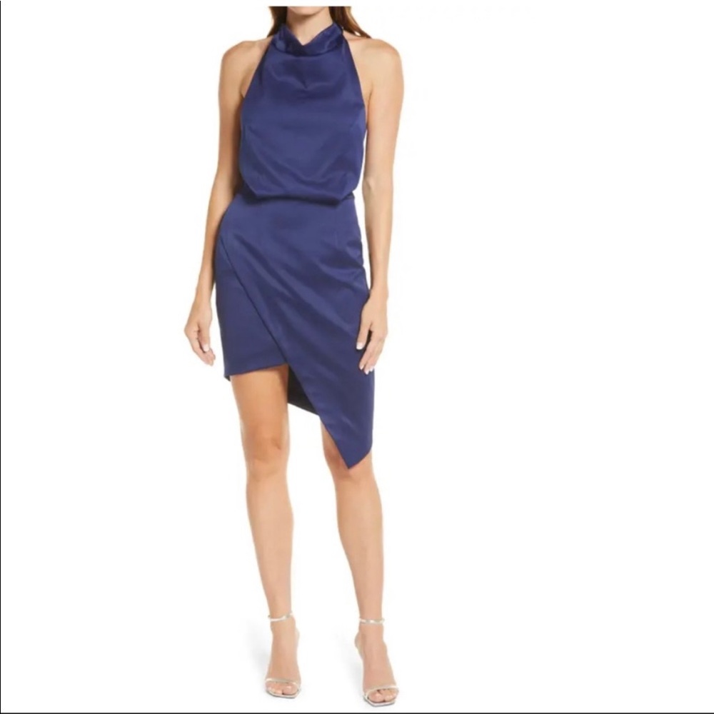 ELLIATT Camo Asymmetric Satin Cocktail Dress in Navy Size X-Small